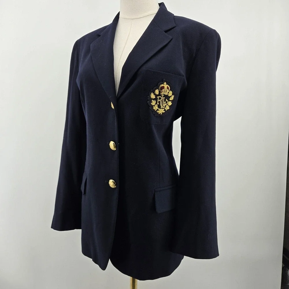 Lauren Ralph Lauren Blazer Womens 12P Petite Blue Wool‎ Three-Button Jacket